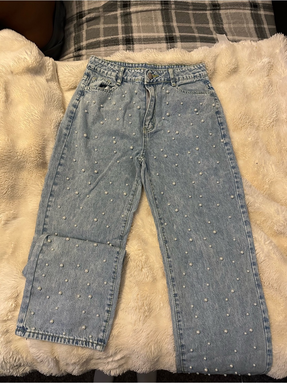 Amazon Light Blue High-Rise Jeans with Pearl Studs